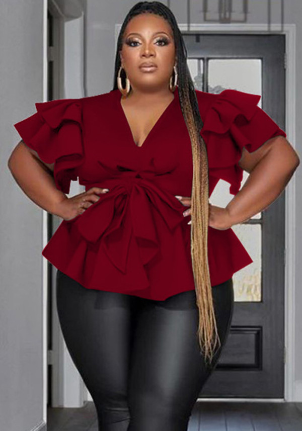 Plus Size Women's Casual Versatile V-Neck Ruffle Sleeve Pleated Shirt