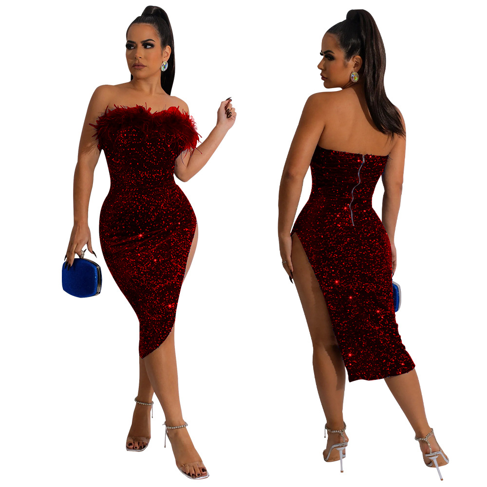 Off-Shoulder Sequin Split Dress for Evening Parties