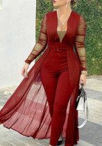 Women'S Culottes Solid Color Fashion Deep V-Neck Long-Sleeved Lace Patchwork Solid Color Slim Jumpsuit Women'S Culottes Solid Color Fashion Deep V-Neck Long-Sleeved Lace Patchwork Solid Color Slim Jumpsuit