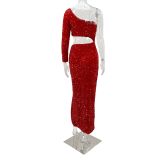 One Shoulder Trendy Sequin Sexy Crop Slit Women'S Party Dress