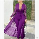 Women'S Culottes Solid Color Fashion Deep V-Neck Long-Sleeved Lace Patchwork Solid Color Slim Jumpsuit