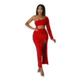 One Shoulder Trendy Sequin Sexy Crop Slit Women'S Party Dress