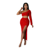 One Shoulder Trendy Sequin Sexy Crop Slit Women'S Party Dress