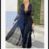 Women'S Culottes Solid Color Fashion Deep V-Neck Long-Sleeved Lace Patchwork Solid Color Slim Jumpsuit