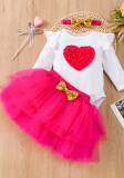 Baby Girl Heart Print Romper Onesie Mesh Two-Piece Skirt Set