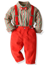 Boys plaid shirt bow tie overalls two piece set
