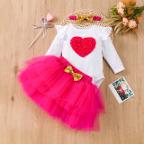 Baby Girl Heart Print Romper Onesie Mesh Two-Piece Skirt Set