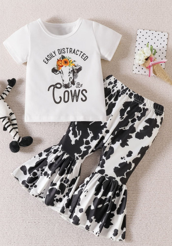 Girl Spring Summer cartoon bull head print short-sleeved T-shirt and Bell Bottom pants two-piece set