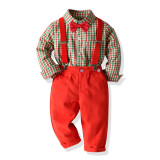 Boys plaid shirt bow tie overalls two piece set
