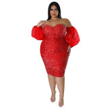 WomenSexy Sequins Strapless Mesh Bodycon Dress Evening Dress