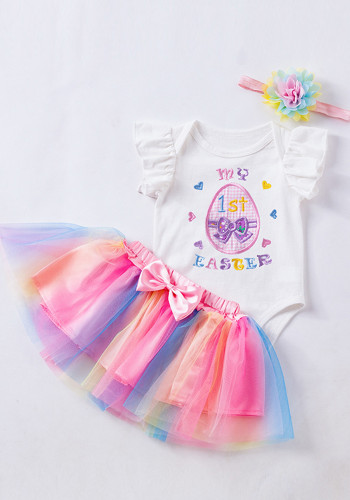 Baby Girl Cartoon Embroidered Rabbit Egg Flying Sleeve Romper Rainbow Dress Two-piece Set