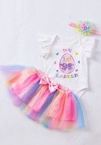 Baby Girl Cartoon Embroidered Rabbit Egg Flying Sleeve Romper Rainbow Dress Two-piece Set Baby Girl Cartoon Embroidered Rabbit Egg Flying Sleeve Romper Rainbow Dress Two-piece Set