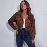 WomenFall/Winter Corduroy Long Sleeve Pocket Crop Jacket