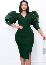 Puff Sleeve Dress Elegant Chic Beaded Party Bodycon Dresses Puff Sleeve Dress Elegant Chic Beaded Party Bodycon Dresses