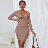 Women'S Fashion Solid Color Sexy Deep V Neck Long Sleeves Tight Fitting Bodycon Dress