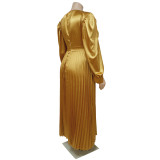 Plus Size Women Pleated Round Neck Long Sleeve Dress