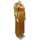 Plus Size Women Pleated Round Neck Long Sleeve Dress