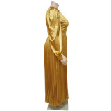 Plus Size Women Pleated Round Neck Long Sleeve Dress