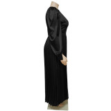 Plus Size Women Pleated Round Neck Long Sleeve Dress