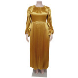 Plus Size Women Pleated Round Neck Long Sleeve Dress