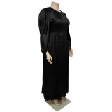 Plus Size Women Pleated Round Neck Long Sleeve Dress