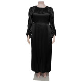 Plus Size Women Pleated Round Neck Long Sleeve Dress
