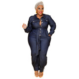 Fall Plus Size Women's Wash Denim Long Jumpsuit