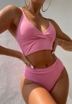 two piece bikini solid color Ribbed V-neck sexy bikini swimsuit women swimwear