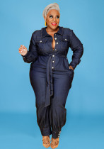 Fall Plus Size Women's Wash Denim Long Jumpsuit