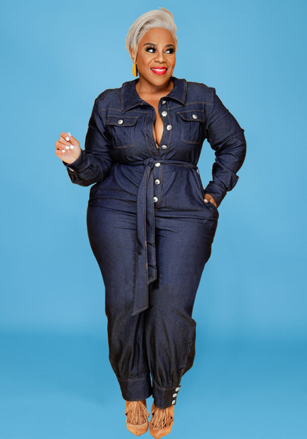 Fall Plus Size Women's Wash Denim Long Jumpsuit