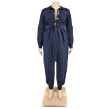 Fall Plus Size Women's Wash Denim Long Jumpsuit