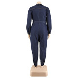 Fall Plus Size Women's Wash Denim Long Jumpsuit