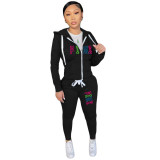 Plus Size Fall/Winter Women's Zipper Print Two Piece Hoodies