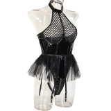 Sexy pu patent leather mesh splicing Halter Neck underwear mesh garter one-piece