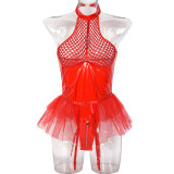 Sexy pu patent leather mesh splicing Halter Neck underwear mesh garter one-piece