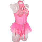 Sexy pu patent leather mesh splicing Halter Neck underwear mesh garter one-piece