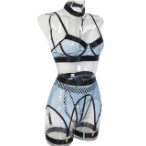 Funny Underwear Four Piece Large Mesh Patchwork with Steel Ring Halter Neck Classic Underwear