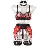 Funny Underwear Four Piece Large Mesh Patchwork with Steel Ring Halter Neck Classic Underwear