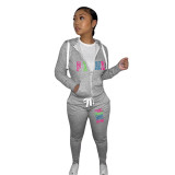 Plus Size Fall/Winter Women's Zipper Print Two Piece Hoodies