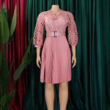 Women'S Chic Solid Color Lace Crochet Cutout Pleated Dress