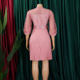 Women'S Chic Solid Color Lace Crochet Cutout Pleated Dress