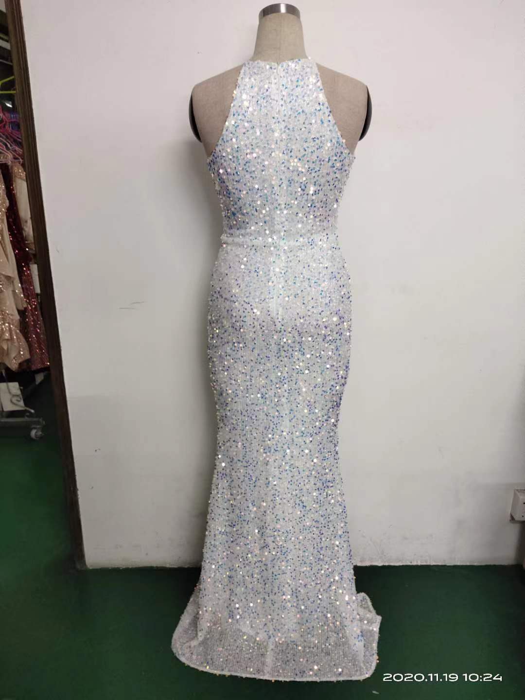 Summer Elegant Sequins Sleeveless Halter Split Evening Dress