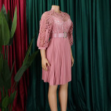 Women'S Chic Solid Color Lace Crochet Cutout Pleated Dress