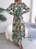 Women Vintage Floral Turndown Collar Tie Shirt Dress