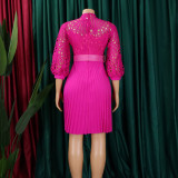 Women'S Chic Solid Color Lace Crochet Cutout Pleated Dress