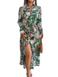 Women Vintage Floral Turndown Collar Tie Shirt Dress