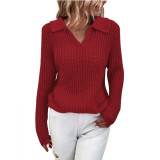Women Turndown Collar Round Neck Sweater