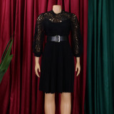 Women'S Chic Solid Color Lace Crochet Cutout Pleated Dress