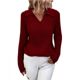 Women Turndown Collar Round Neck Sweater