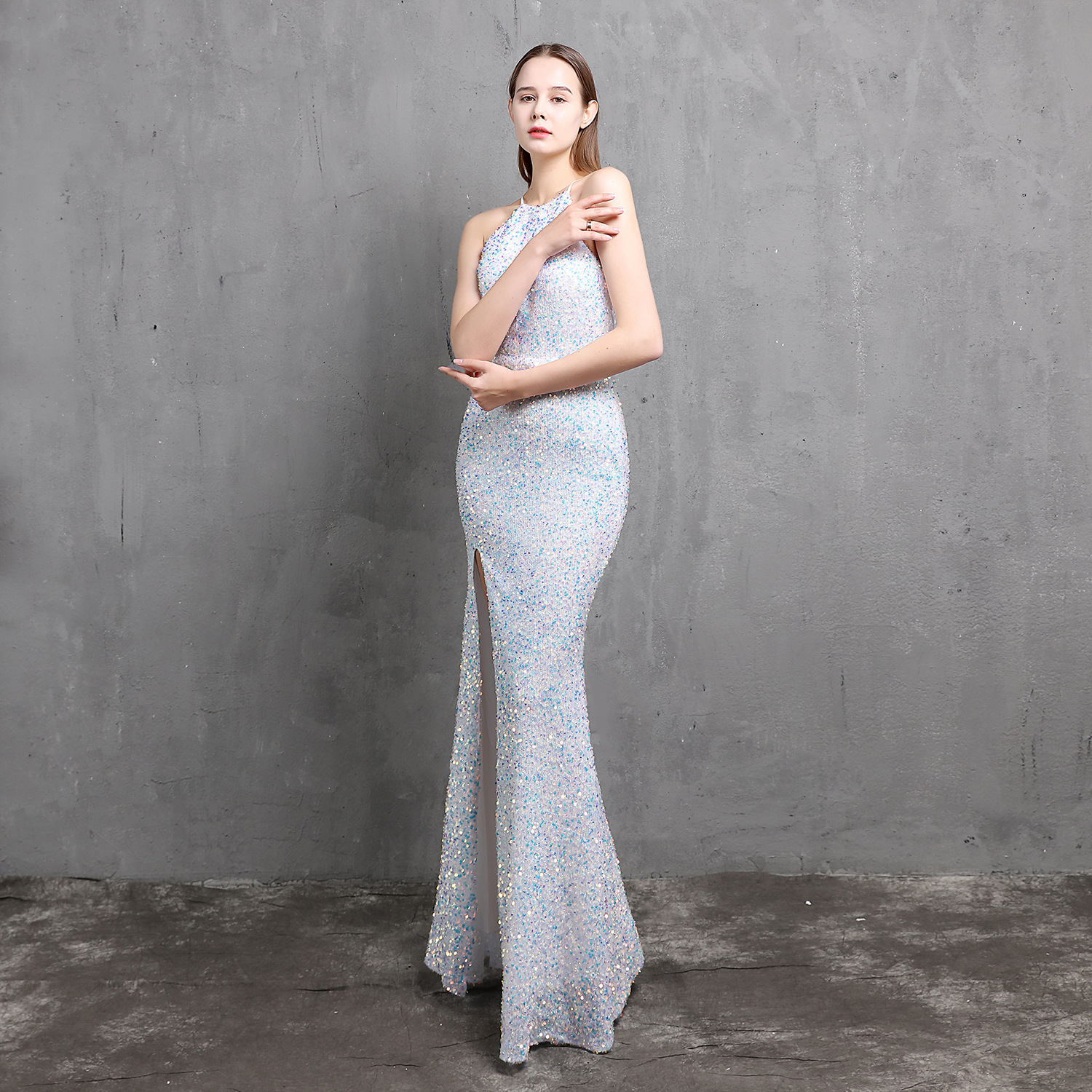 Summer Elegant Sequins Sleeveless Halter Split Evening Dress